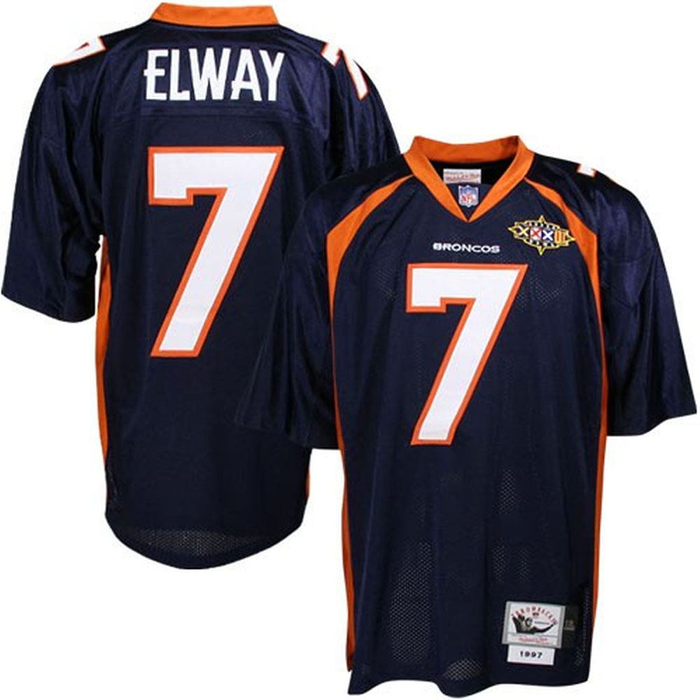 Men Mitchell Ness Denver Broncos #7 John Elway Blue 75th Patch Throwback NFL Jersey